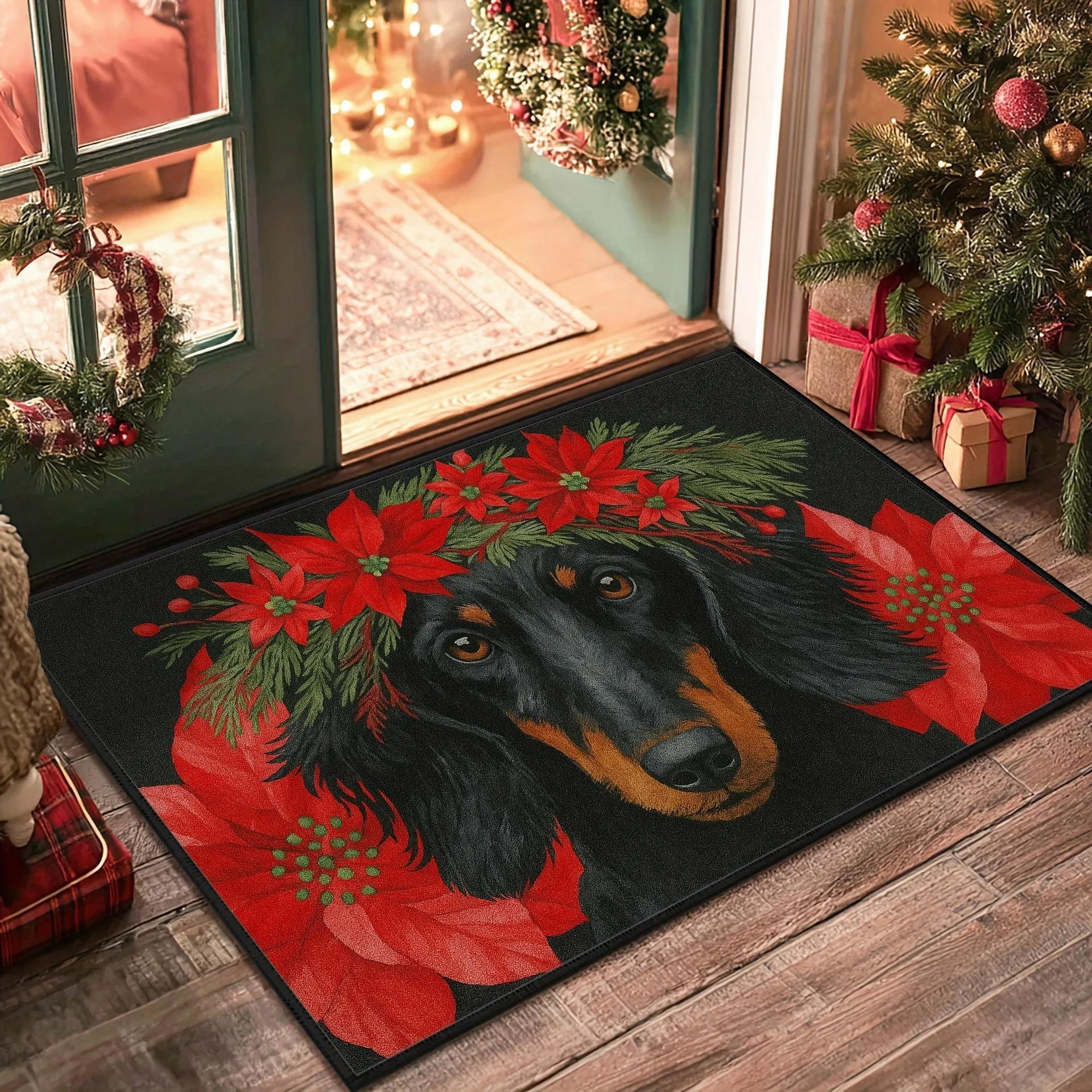 Charming Dachshund Dog Poinsettia Wreath Christmas Doormat Non Slip Entrance Rug For Holiday Season Pet Owner Gift