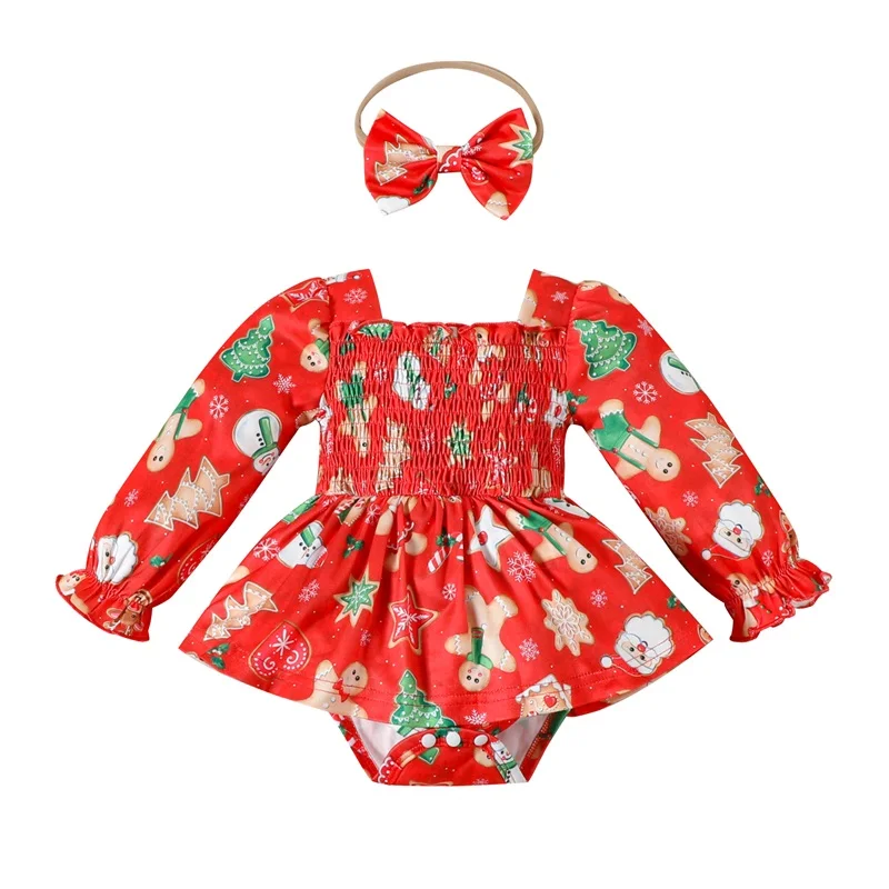 Baby Girl 2Pcs Christmas Outfits Long Sleeve Cartoon Print Smocked Bodysuit with Headband Set Infant Clothes