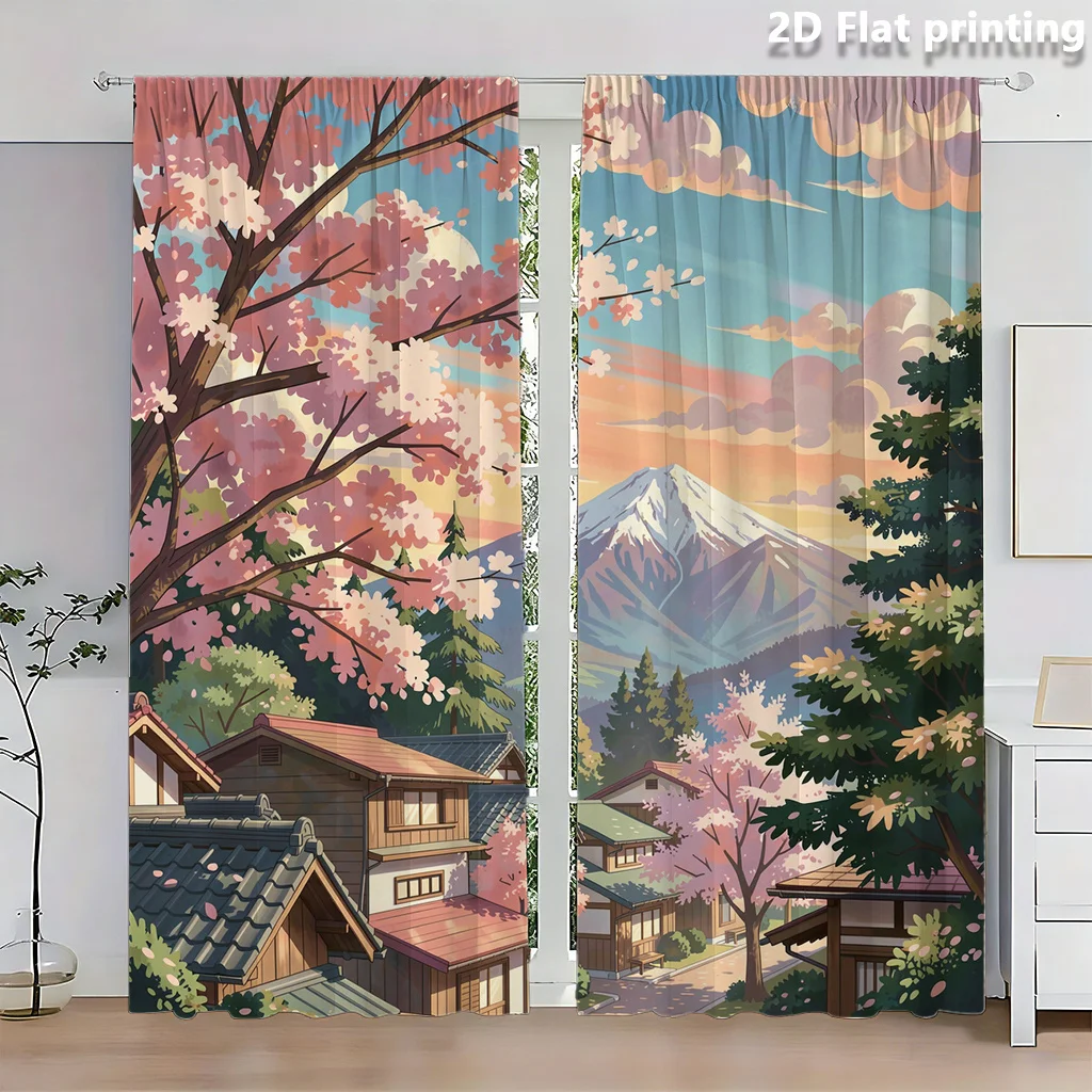 Anime Style Landscape Curtain, Japanese Scenery Print Drape, Mount Fuji Sakura Village Window Treatment for Living Room Bedroom