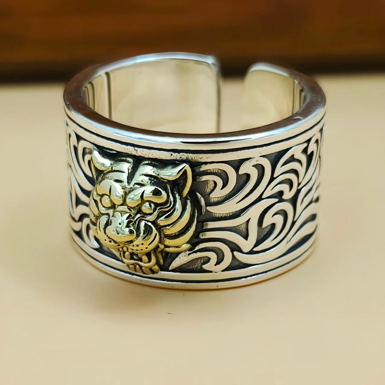 

National fashion s925 sterling silver retro tiger head ring men's trendy cold personalized opening adjustable