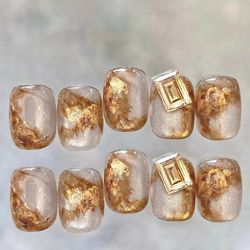 10 stuks Amber Kleur Smudge Vierkante Nagel Tips Art Goudfolie Ontwerp Stok op Kunstnagels Cat Eye Glitter Afneembare Handgemaakte Nagels