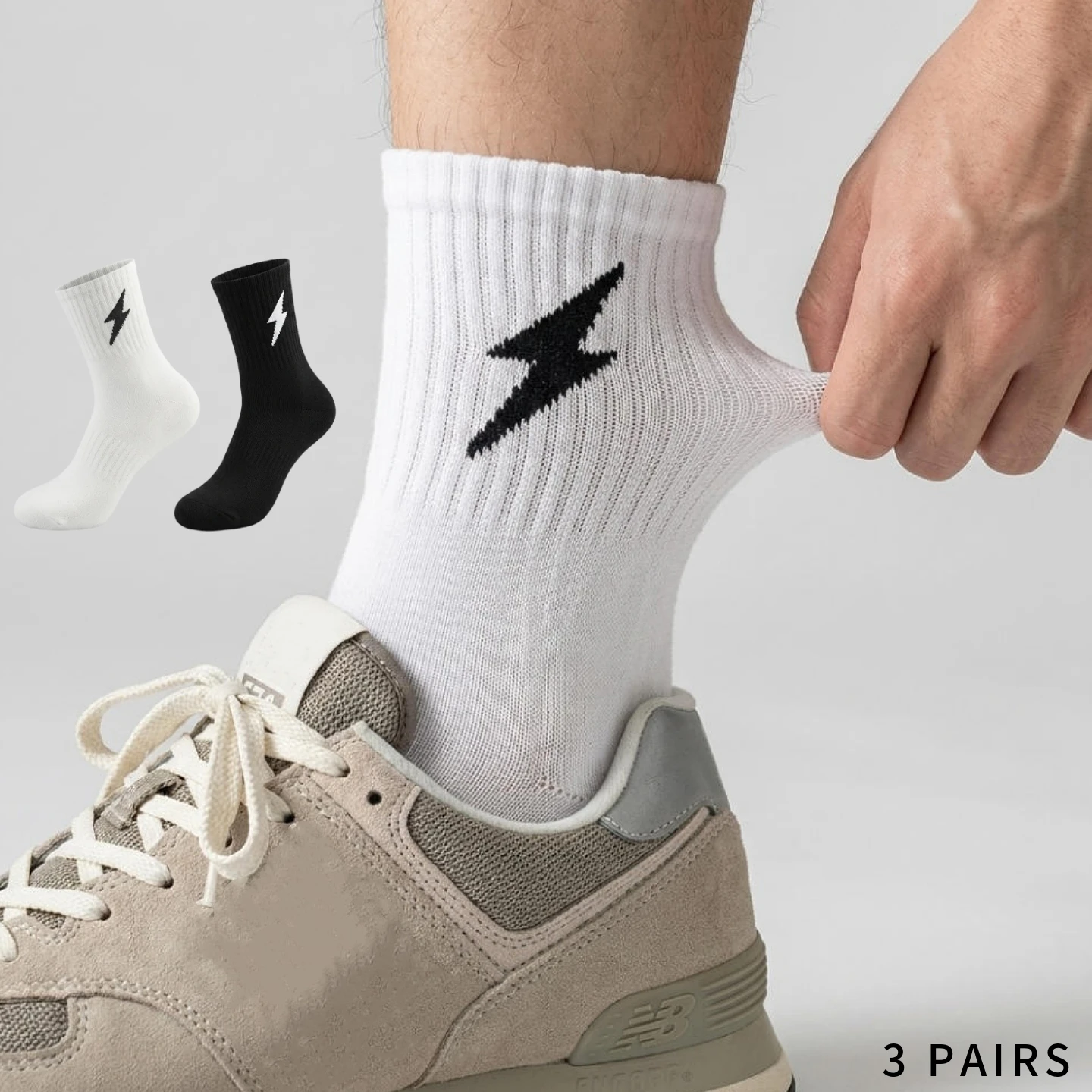 

3 pairs of INSELLE men's and women's mid length socks, soft cotton high-performance crew socks with lightning logo