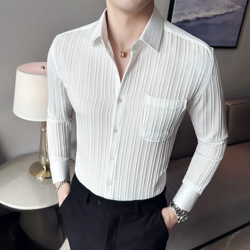 Casual Shirts Men Pleated Camisa Solid Color Shirts Groom Wedding Dress Turn-Down Long Sleeve Blouses Male Man Clothing 2023