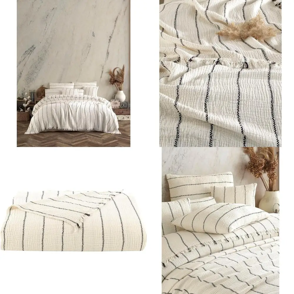

Cotton Gauze Lightweight Throw Blanket, Breathable 4-Layer Muslin Coverlet, Beige with Black Stripes Bed Cover