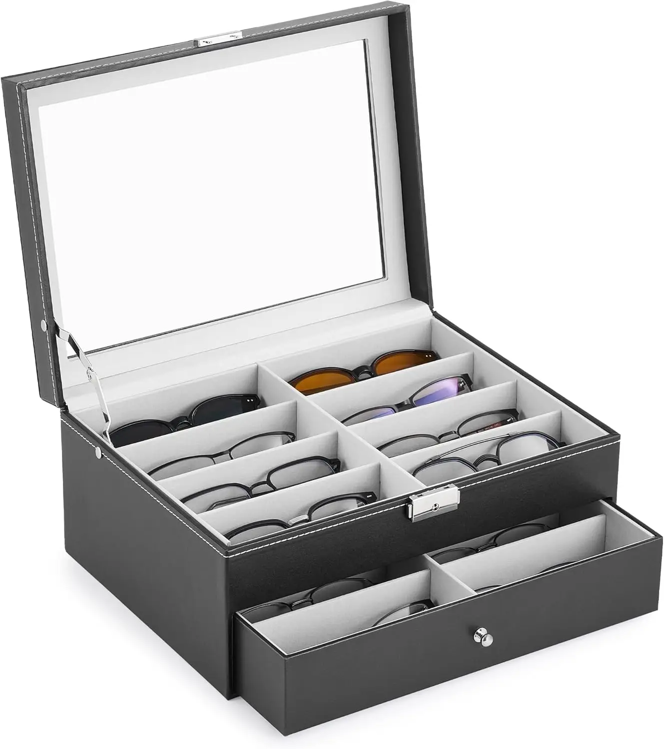 

Sunglasses Organizer, Leather Eyeglasses Storage Box for Women Men, Lockable Sunglass Display Case Holder with Drawer