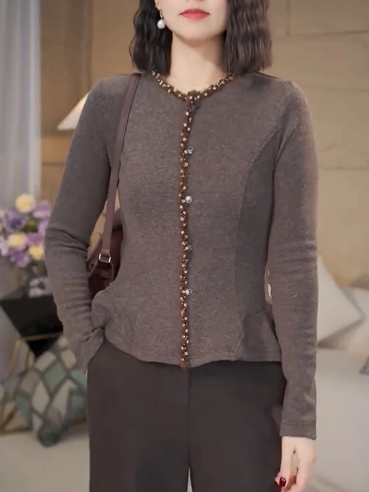 

Корейский вязаный свитер больших размеров с бисером, приталенный, омолаживающий, женский топ, теплый, удлиненный рукав
