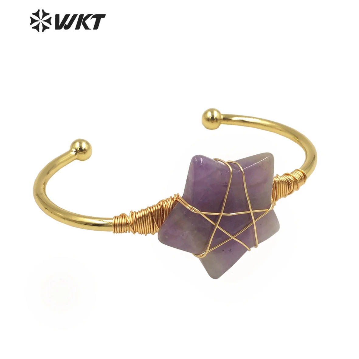 WT-B639 Vintage Style 18K Real Gold Plated Natural Gemstone Star Bangle Women Wire Wrapped Copper Rose Quartz Stone Cuff