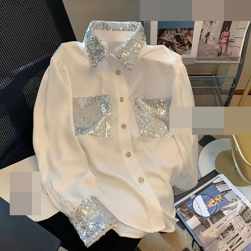 

2023 Spring New Shirt Women's Design sequin splicing white shirt women loose