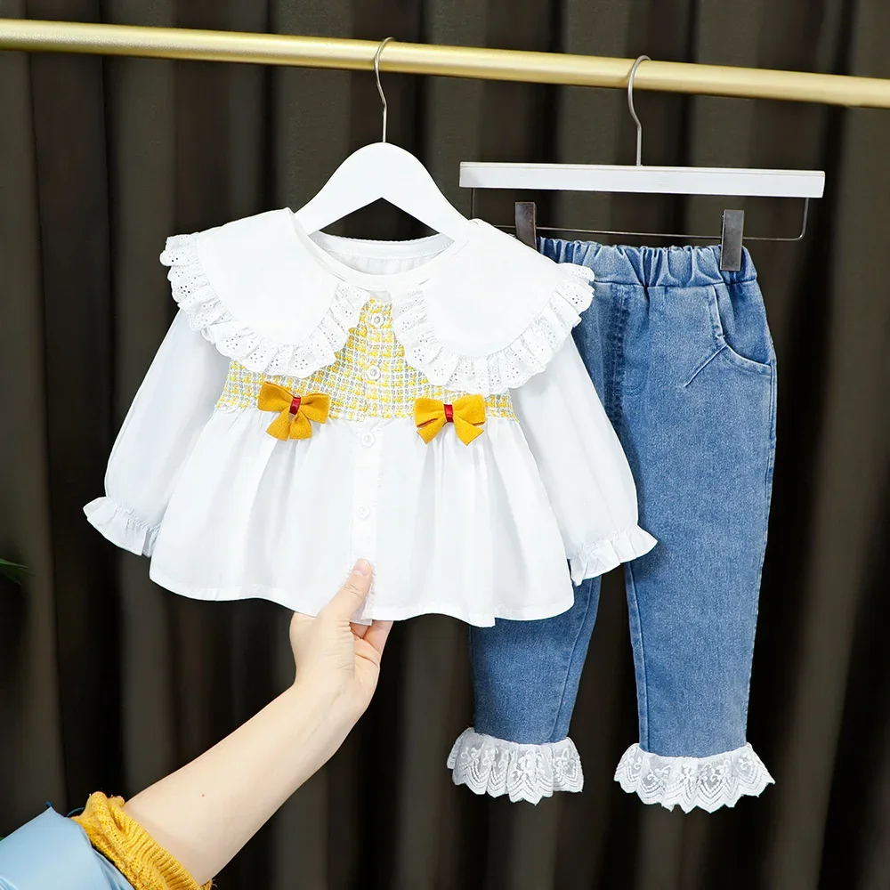 

Fashion Casual Long Sleeved Shirts + Denim Jeans Pants Kids Girls Clothes Suit Child Wear Spring Autumn Baby Girls Clothing Set