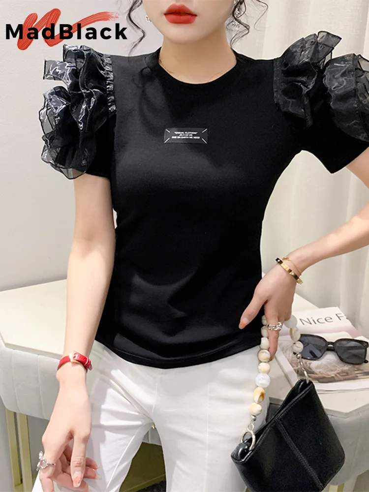 MadBlack Summer European Clothes O Necks T-Shirt Women Sexy Ruffled Slim Tops Short Sleeves Basic Tees Fashion 2023 New T34836M