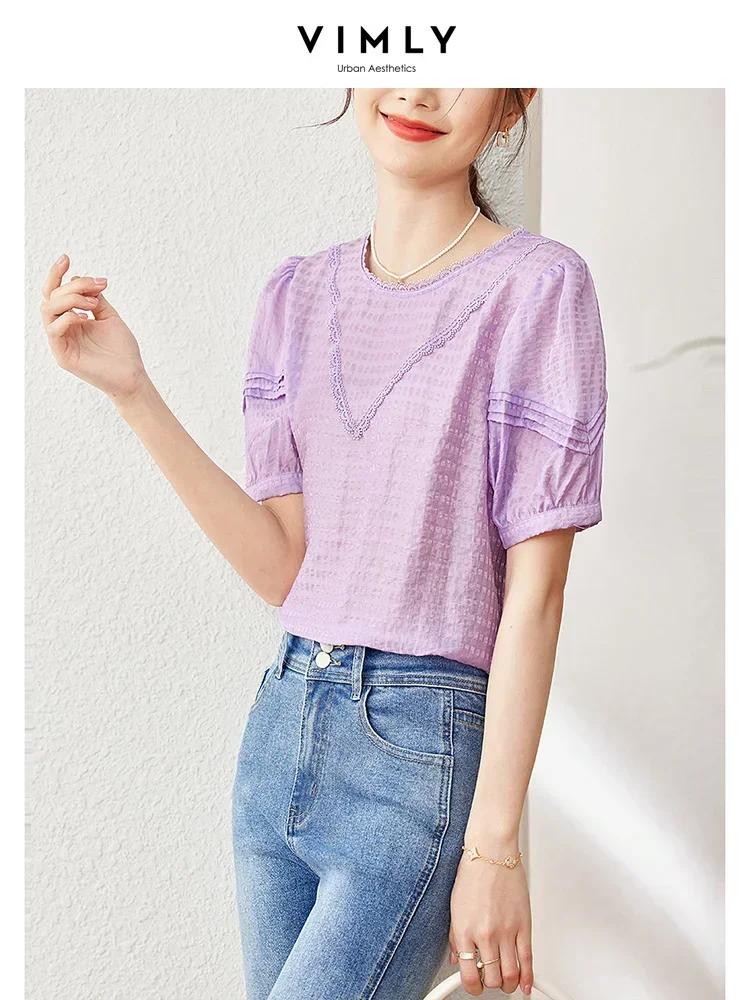 Vimly Summer Lyocell Blend Ladies Tops and Blouses 2023 Elegant Patch Lace Round Neck Puff Sleeve Purple Blouse Women Clothes