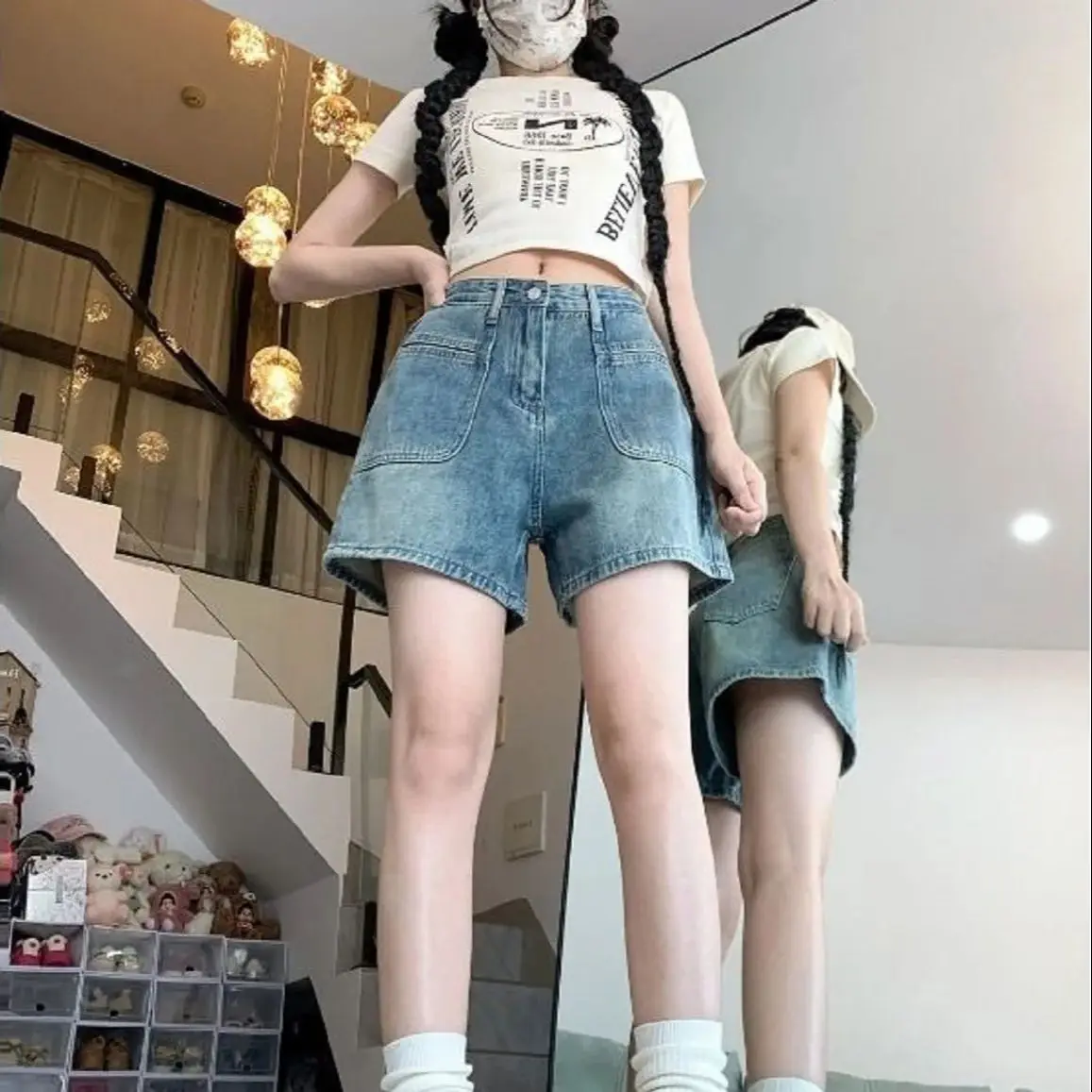 Light Color Retro A-Line Wide-Leg Denim Shorts Women Summer New Niche Design Thin High Waist Slim Loose Pants