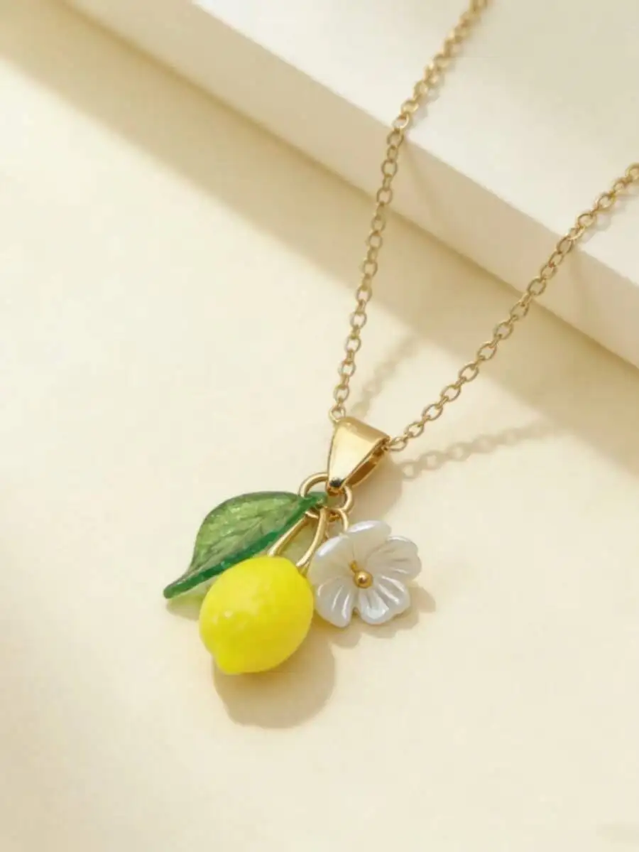 1pc Refreshing & Cute Resin Lemon Flower Pendant Necklace, Sweet Jewelry Gift For Women's Daily Wear