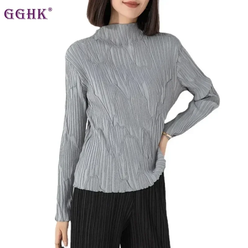 

GGHK Miyake Pleated Half Turtleneck Bottoming Shirt for Women 2023 Autumn and Winter New Elastic Loose Long-sleeved Fashion Top