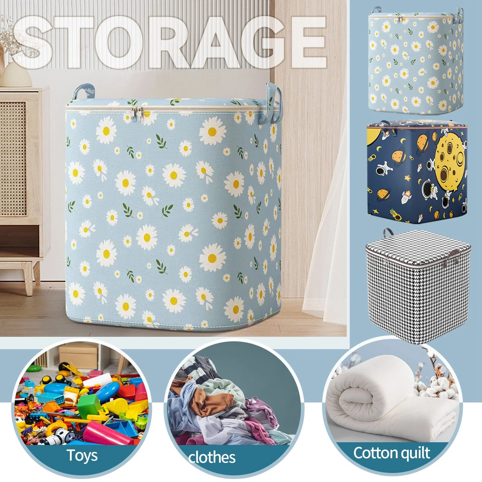 Storage Bag for Clothes and Quilts Zipper Closure Printed Organizer Bin Collapsible Container for Bedding and Household Items