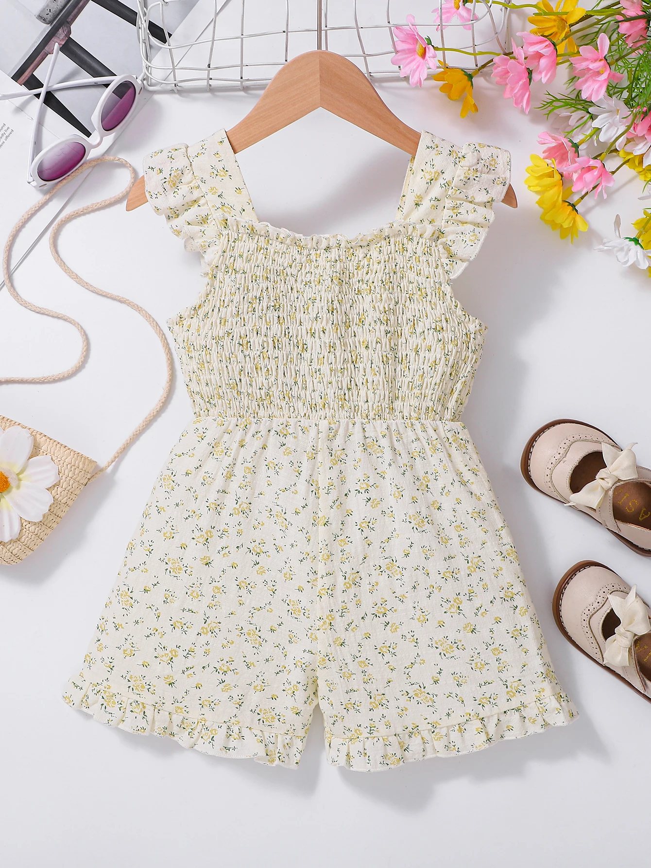 Summer New Style Girls' Yellow Floral Print Romper with Butterfly Knot Sweet Wind Sleeveless Onesie for Babies