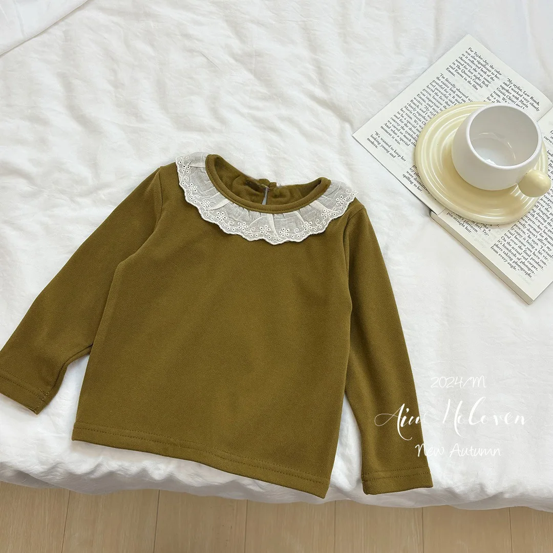 Autumn Babys Girl Undershirt Cotton Lace Collar Long Sleeve Toddler Girl Bottom Tops Loose Solid Versatile Infant Girl Pullovers