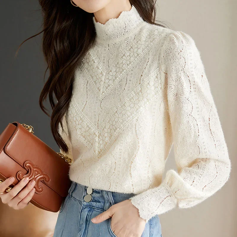 New Long Sleeve Women Blouse Lace Stand Collar Blouse Shirt Women Tops Blusas Para Mujer Camisas De Mujer Camisas Blouses M493