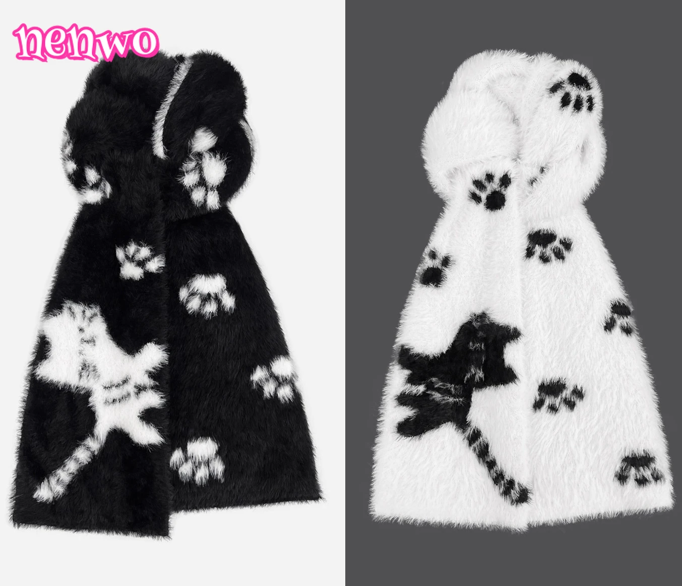 

Корейский стиль, мультяшный кот и кролик, черный, белый цвет, двусторонний плюшевый шарф, женский мягкий, теплый, универсальный, осенне-зимний, теплый, для шеи