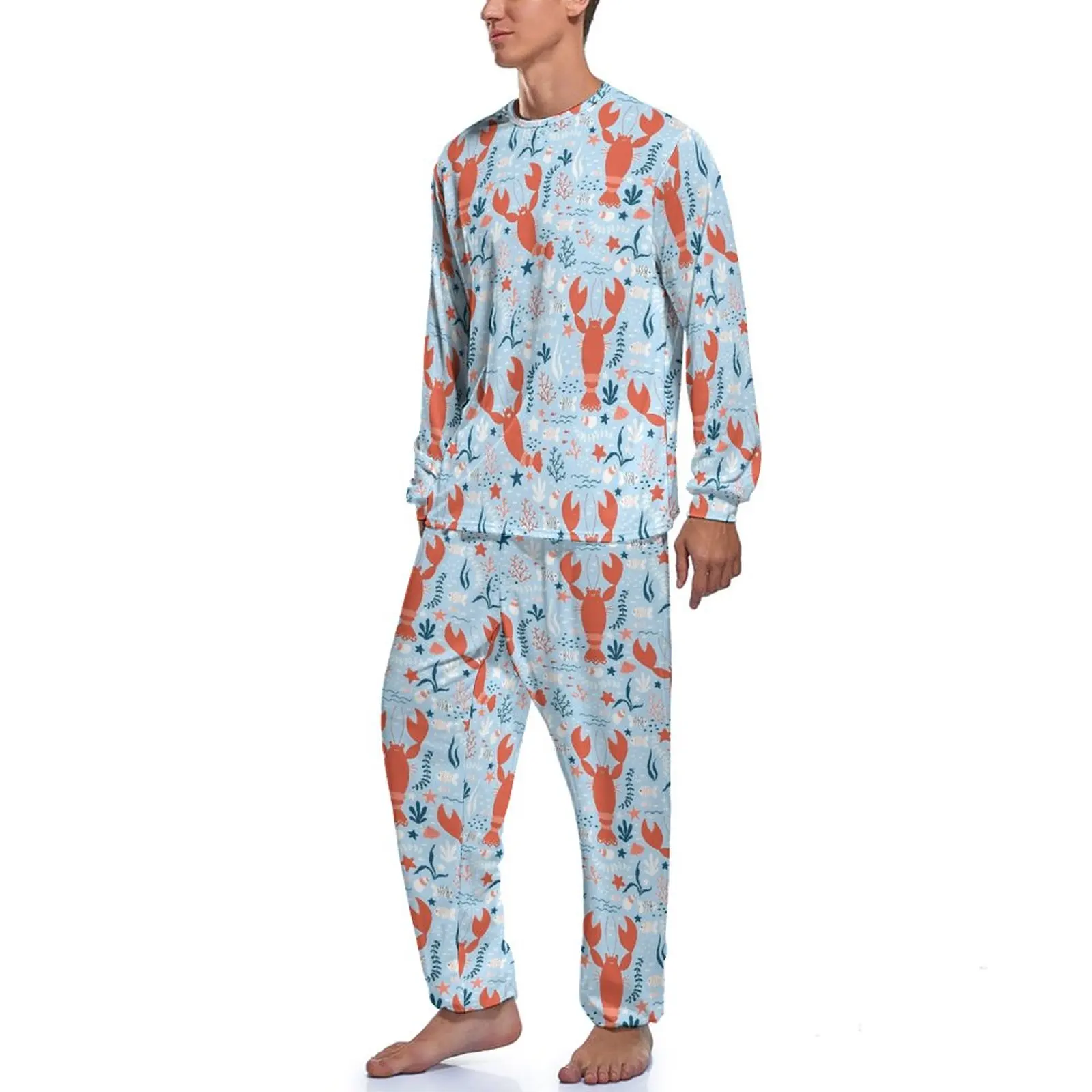 Cheerful Lobsters Pajamas Long Sleeve Animal Print 2 Pieces Night Pajamas Set Autumn Man Graphic Cool Nightwear