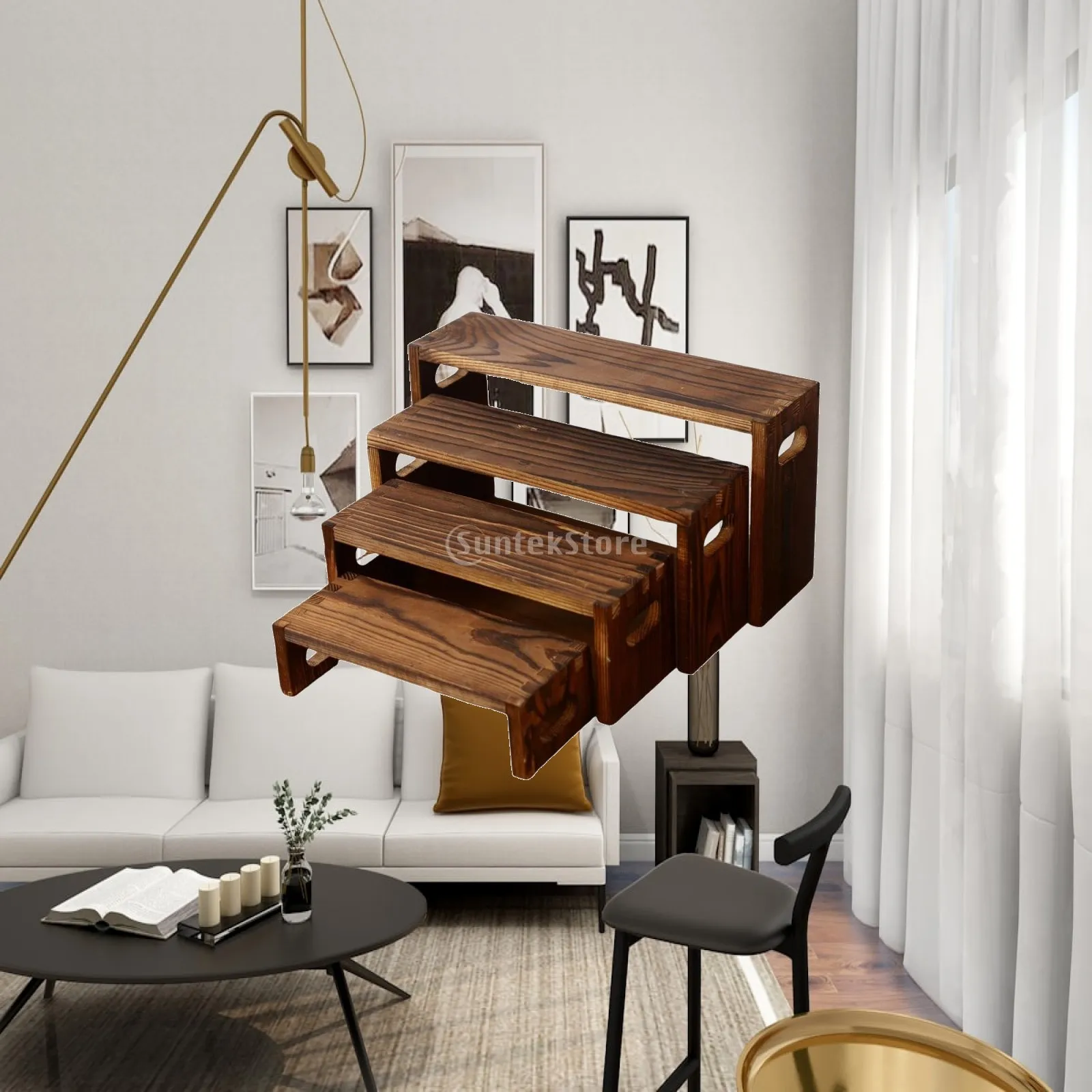 Display Stand with Wooden Tiered Shelves for Collectibles Figurines Retail Shoe Awards Showcase Fixture Desktop Organizer
