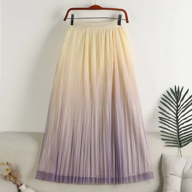 

Spring Summer Elegant Fashion Elastic High Waist Pleated A-line Mesh Skirt Women Sweet Gradient All-match Skirts Female Clothes
