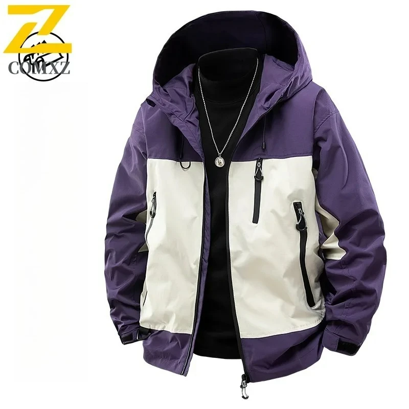 COMXZ Male Jacket Fashion Detachable Hood Outdoor Climbing Lightweight Coat Leisure Adventure Windproof Spring Autumn Clothing