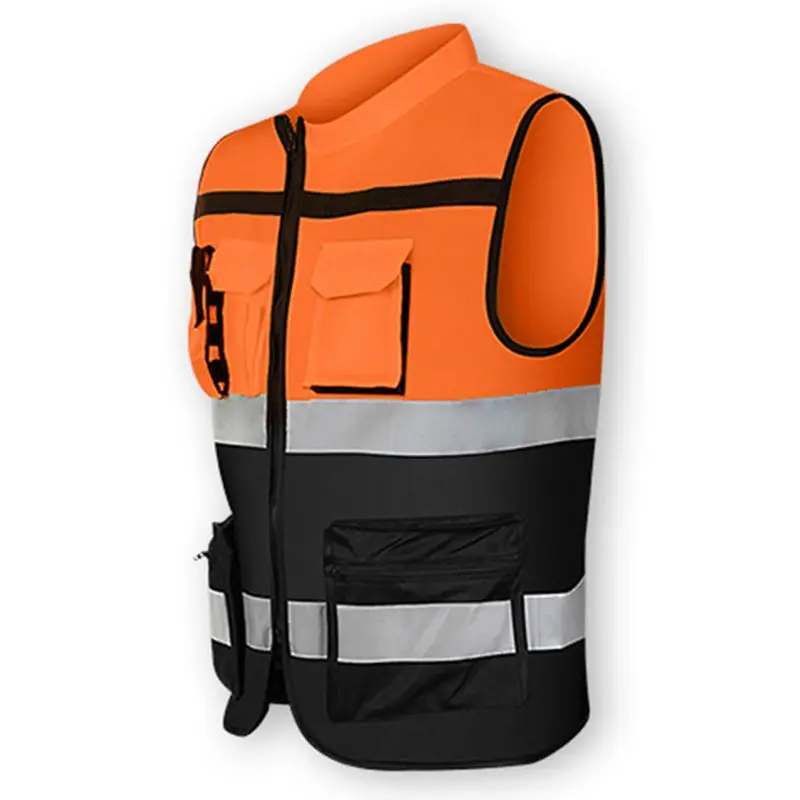 Multi-pockets High Visibility Zipper Front Safety Vest with Reflective Strips and Motorcycle Riding Multipurpose Safety Clothing