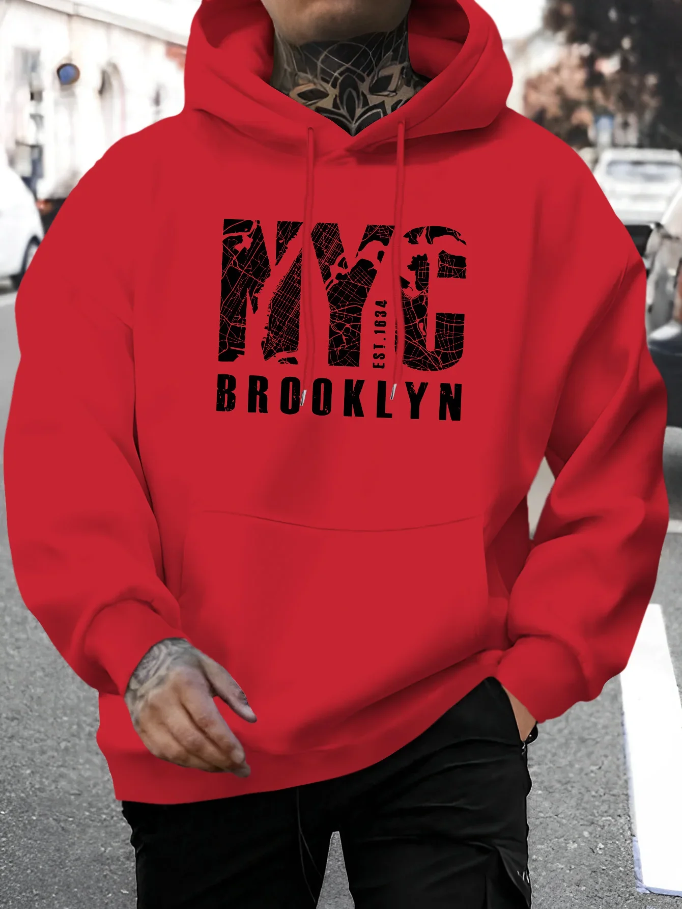 Men Fleece Hoodie NYC BROOKLYN EST 1898 City Map Distressed Letter Chest Print Black Urban Street Casual Pullover
