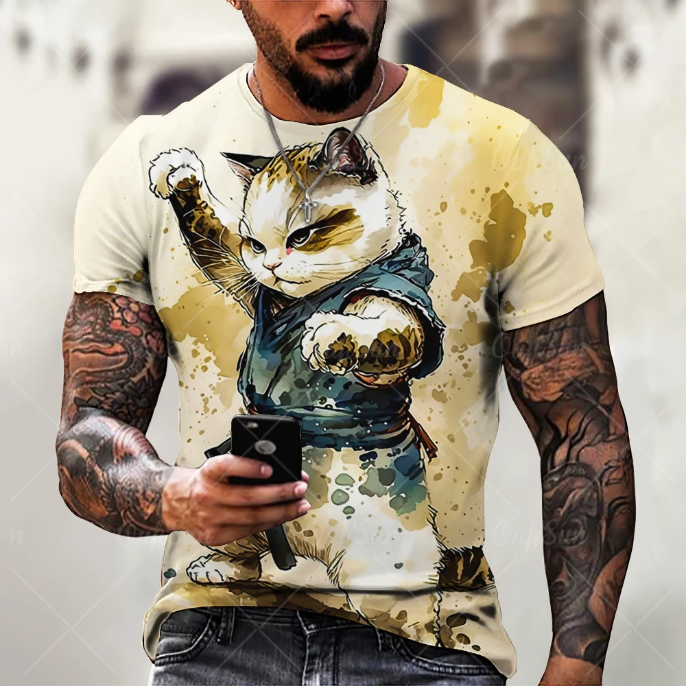 Men\'s T Shirts Japanese Samurai Cat Printed T-Shirt Funny 3D Animal Graphic T-Shirts  Casual O-neck Loose Tops Short Sleeve Tee