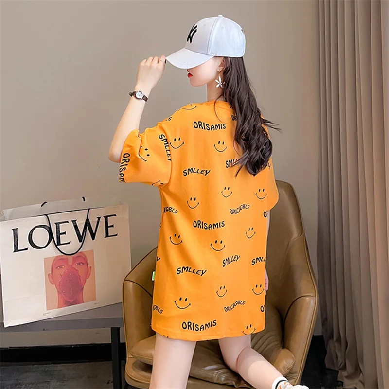 Women's Smiling Printed Short-Sleeved T-shirt Dress, Korean Loose Joker, Five-Sleeve Female Tops, Summer, New, 2023