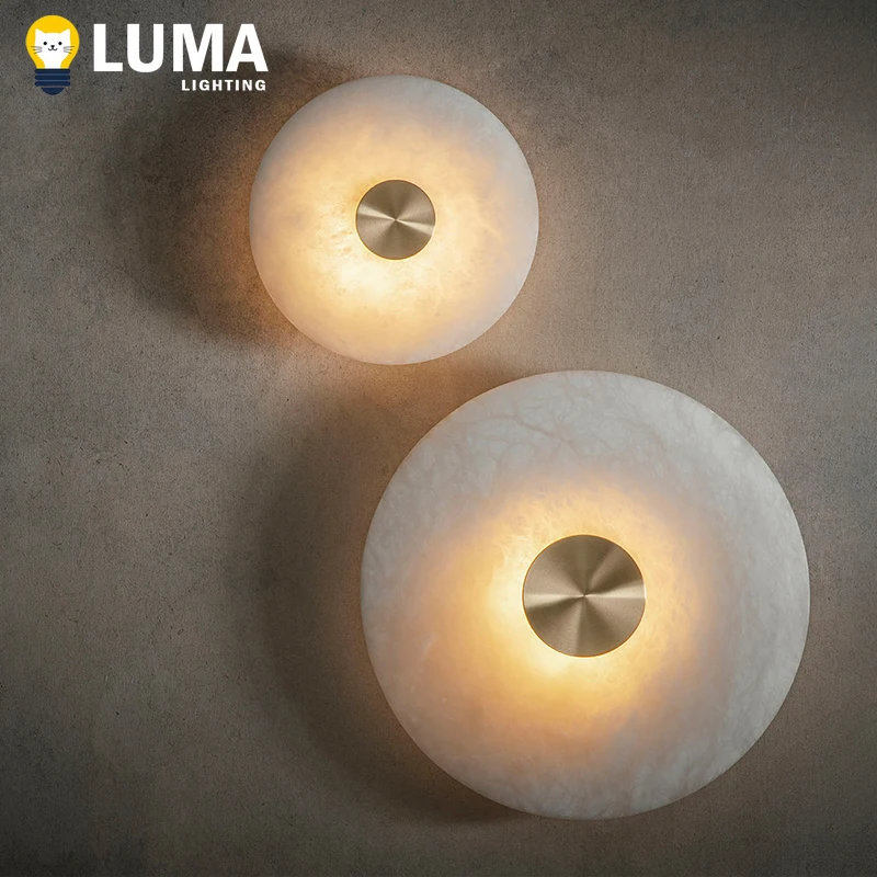 الفاخرة الإسبانية المرمر وحدة إضاءة LED جداريّة ضوء الصلبة النحاس الشمعدان المستديرة لغرفة المعيشة التلفزيون خلفية الحمام غرفة نوم السرير ديكور