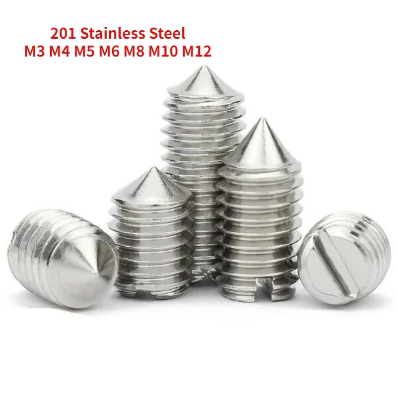 

10/20/100/200pcs M3 M4 M5 M6 M8 M10 M12 201 Stainless Steel Slotted Head Tapered End Cone Point Set Screw Headless Grub Bolt