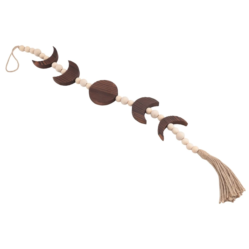 

Enjoy New Wood Moon Phase Wall Hanging, Boho Farmhouse Beaded Moon Garland With Tassel Wall Decor