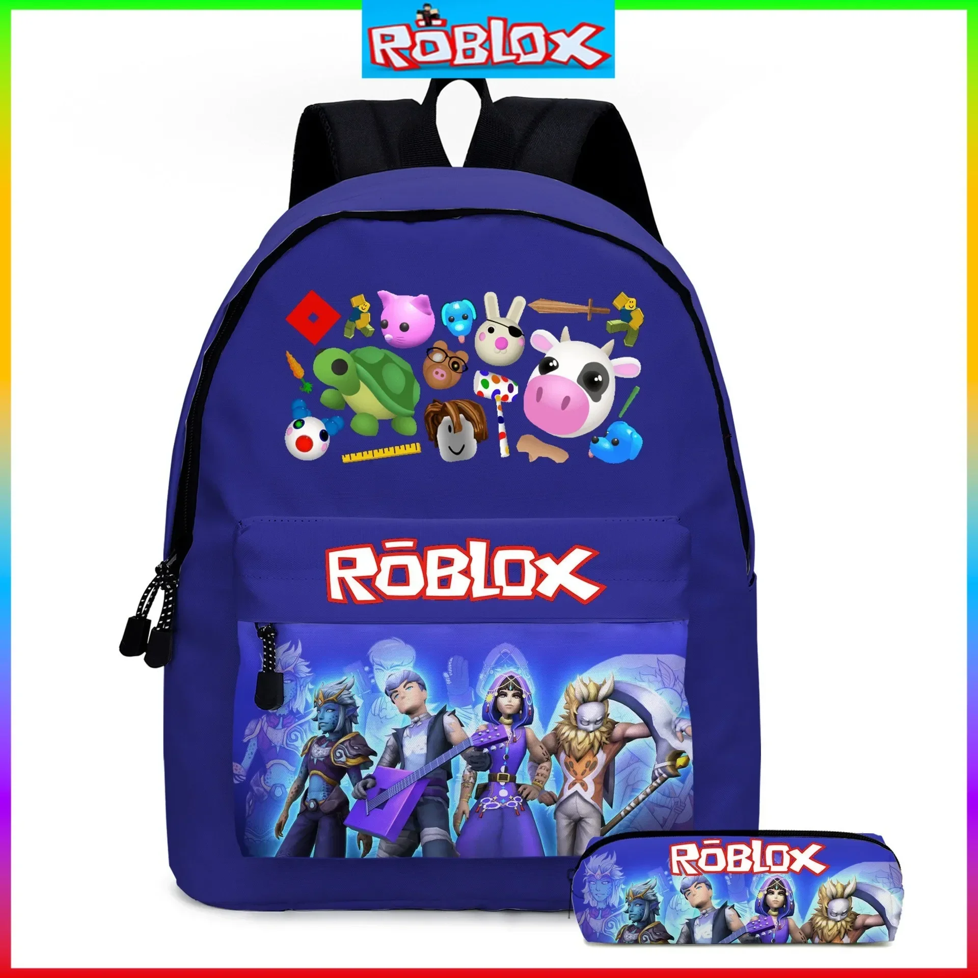 A-SET Roblox Primary and Middle School Students Schoolbag Sports Backpack Lightening Pencil Meal Bag Boys Girls Anime Mochila