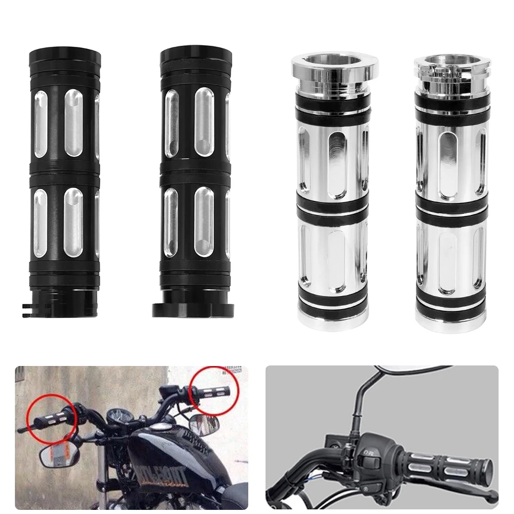 2pcs  Motorcycle CNC Aluminum 1'' 25mm Handlebar Handle Bar Grips Black/ Chrome For Harley Softail Touring Dyna Road King