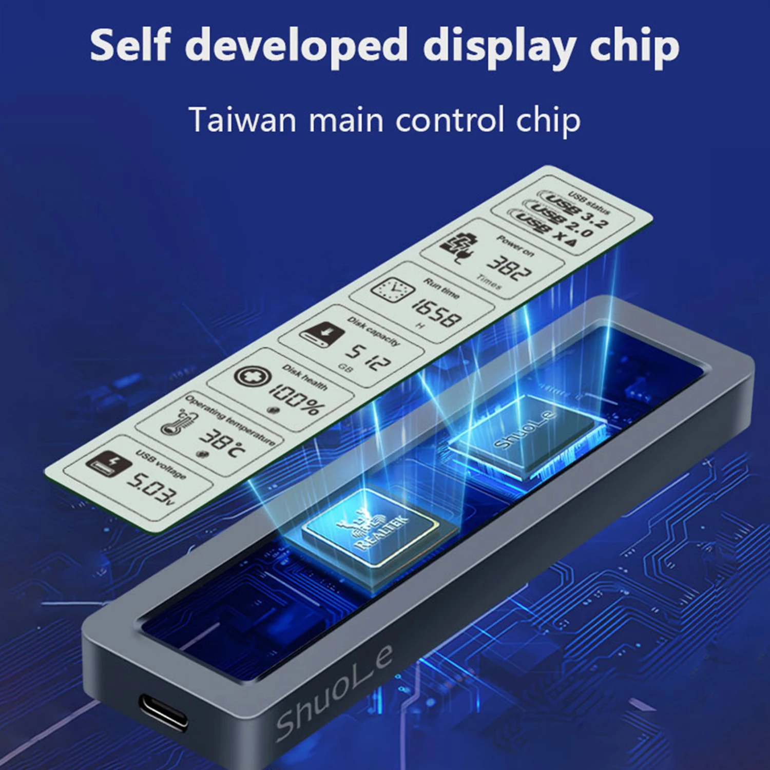 디스플레이 화면이 있는 지능형 디지털 하드 드라이브 박스 M2 외부 쉘 솔리드 스테이트 NGFF/NVMe 10Gbps 프로토콜 대형 화면