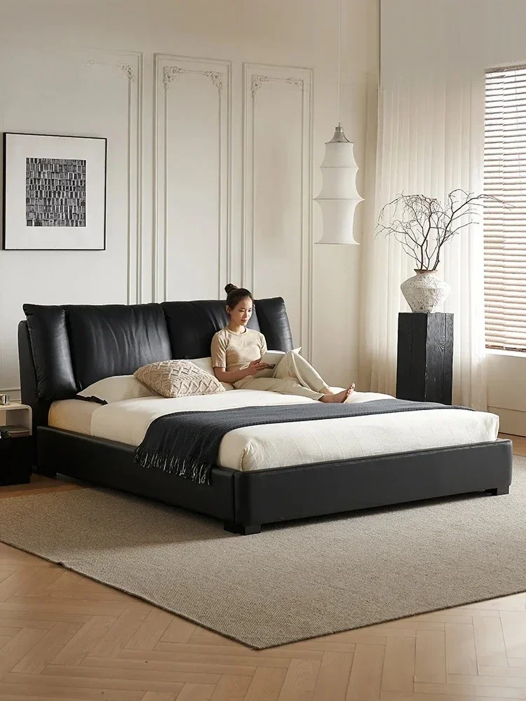 French antique bed master bedroom first layer cowhide sailing bedroom black leather bed modern simple wind