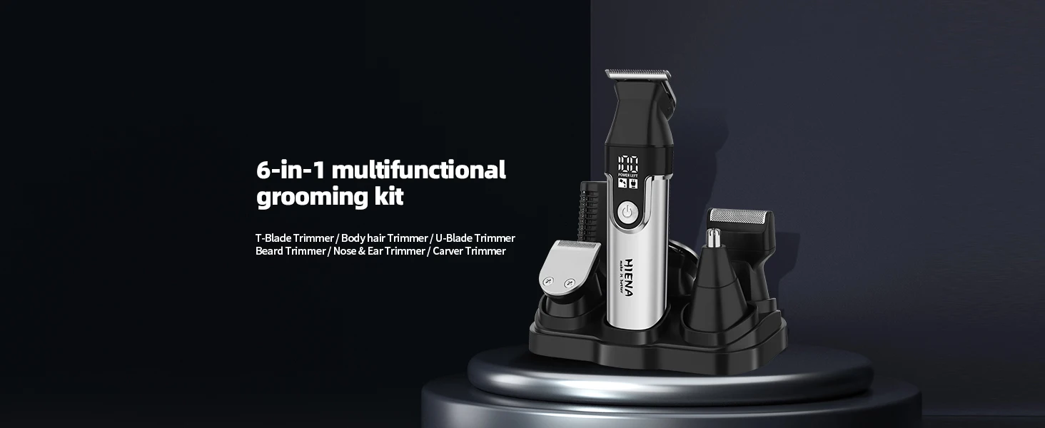 HIENA Professional Multifunctional Hair Clipper Set, R-Type Adjustable Blade, Cordless Barber Clippers with LED Display, Ear and Nose Hair Trimmer, 6 Guide Combs, Rechargeable Electric Grooming Kit for Men, USB Charging, Haircut Clippers