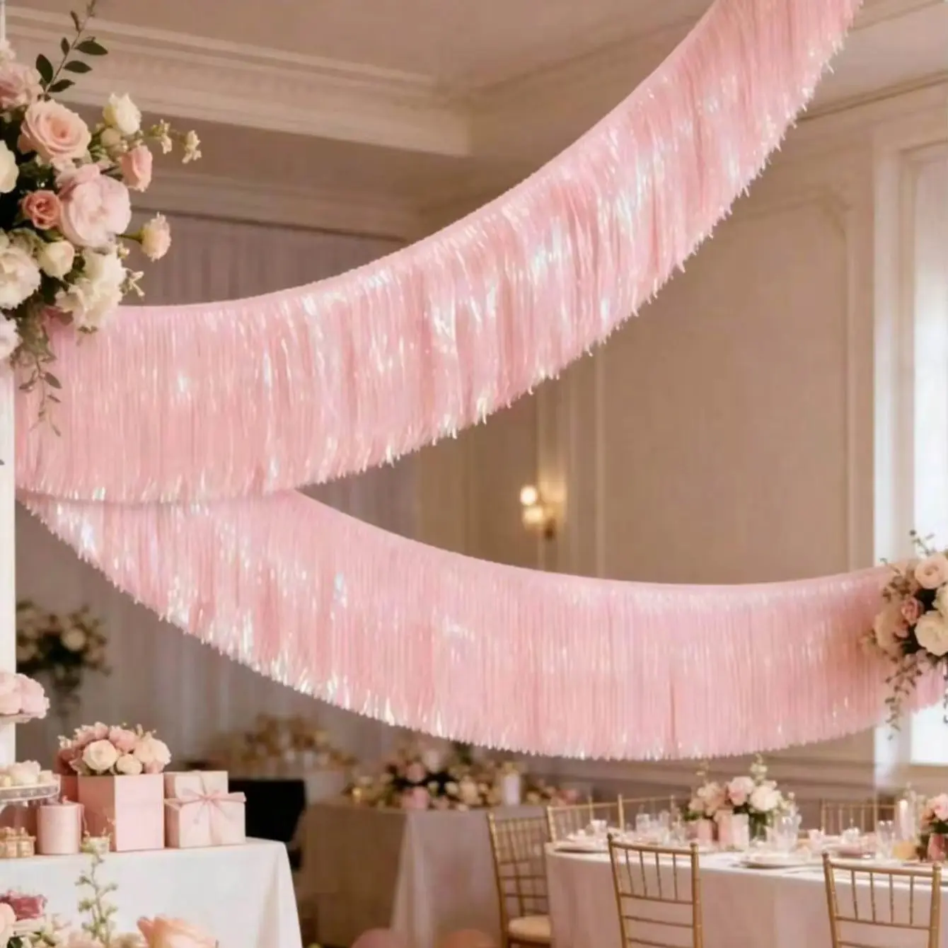 Rosa Schillernde Fransen-Girlande Hintergrunddekoration für Hochzeit Junggesellinnenabschied Geburtstag Party Deckendekoration