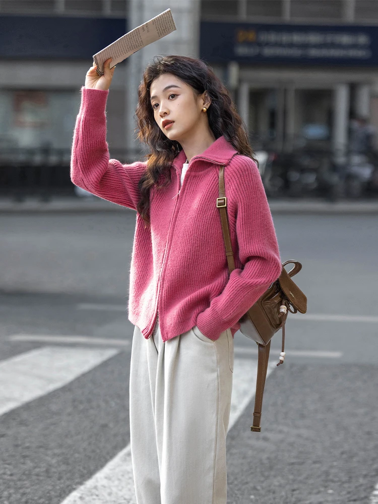 

Thiened Double Zipper Knitted Cardigan Women's Sle Svel Stand Collar Sweater Outerwear Spring Autumn Versatile Kore...