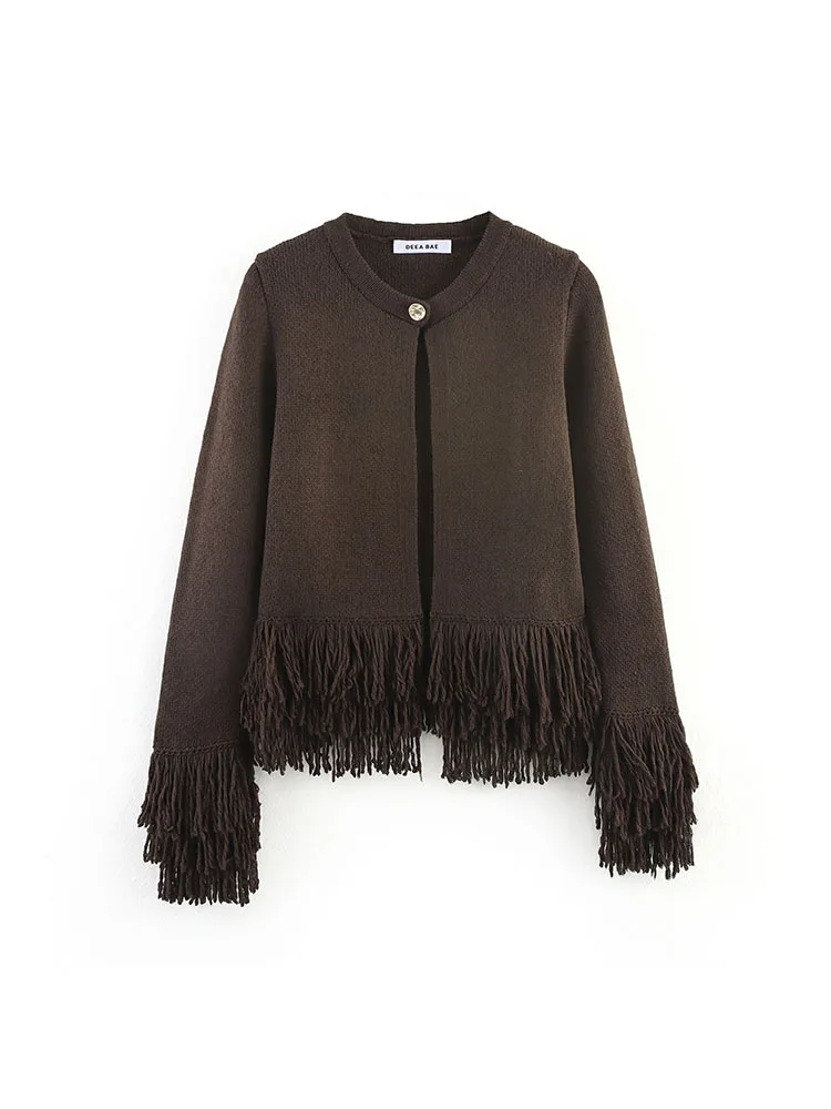 

Women Autumn Winter Trend Women's Round Neck Single Button Jacket Coat Fashion Vintage Women's Fringed Design Long Sleeve Stylis