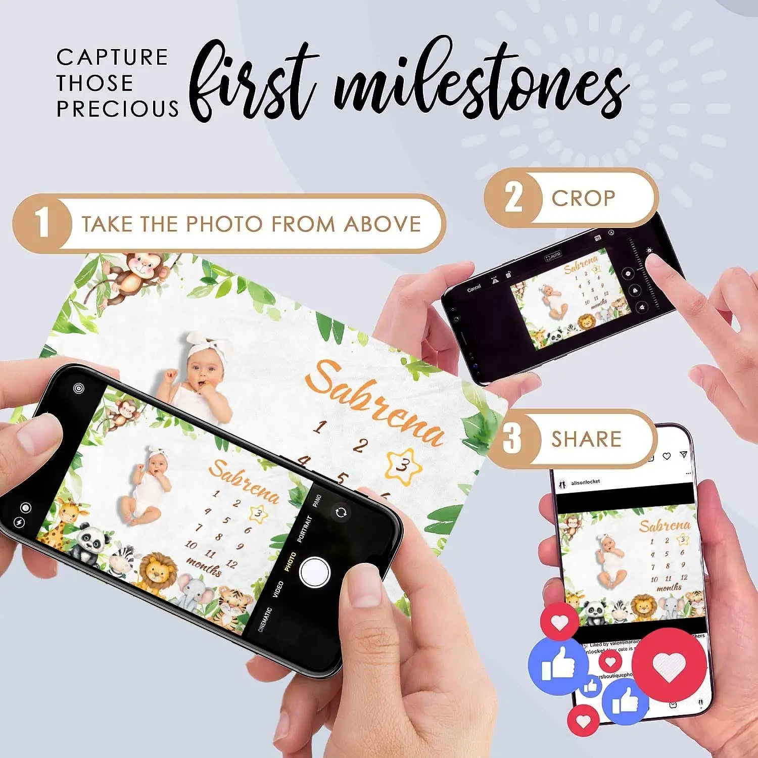 VIKAMA Baby 100 يوم معلم صور الدعامة بطانية ديكور، تقويم مخطط نمو حديثي الولادة، بطانية معلم شهرية، تصميم كرتوني