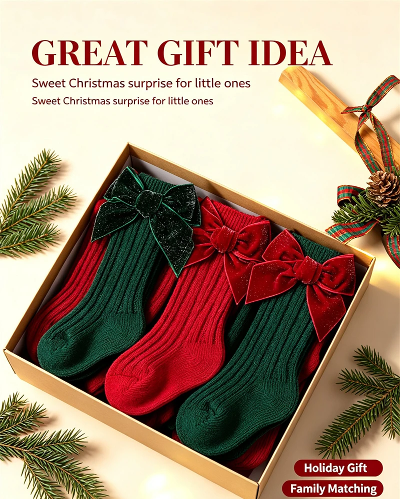2 Paar/Set Weihnachts-Kniestrümpfe für Kleinkinder und Kinder, Mädchen, niedliche große Schleife, Neujahrs-Baumwoll-Langsocken, weiche warme Beinwärmer – Detail 1
