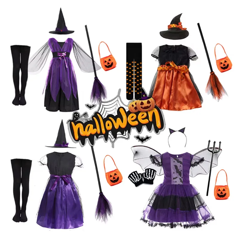 

Girls Halloween Witch Costume Children Cosplay Vampire Bat Red Riding Hood Dresses Kids Dress Up Clothes With Hat Carnival Party