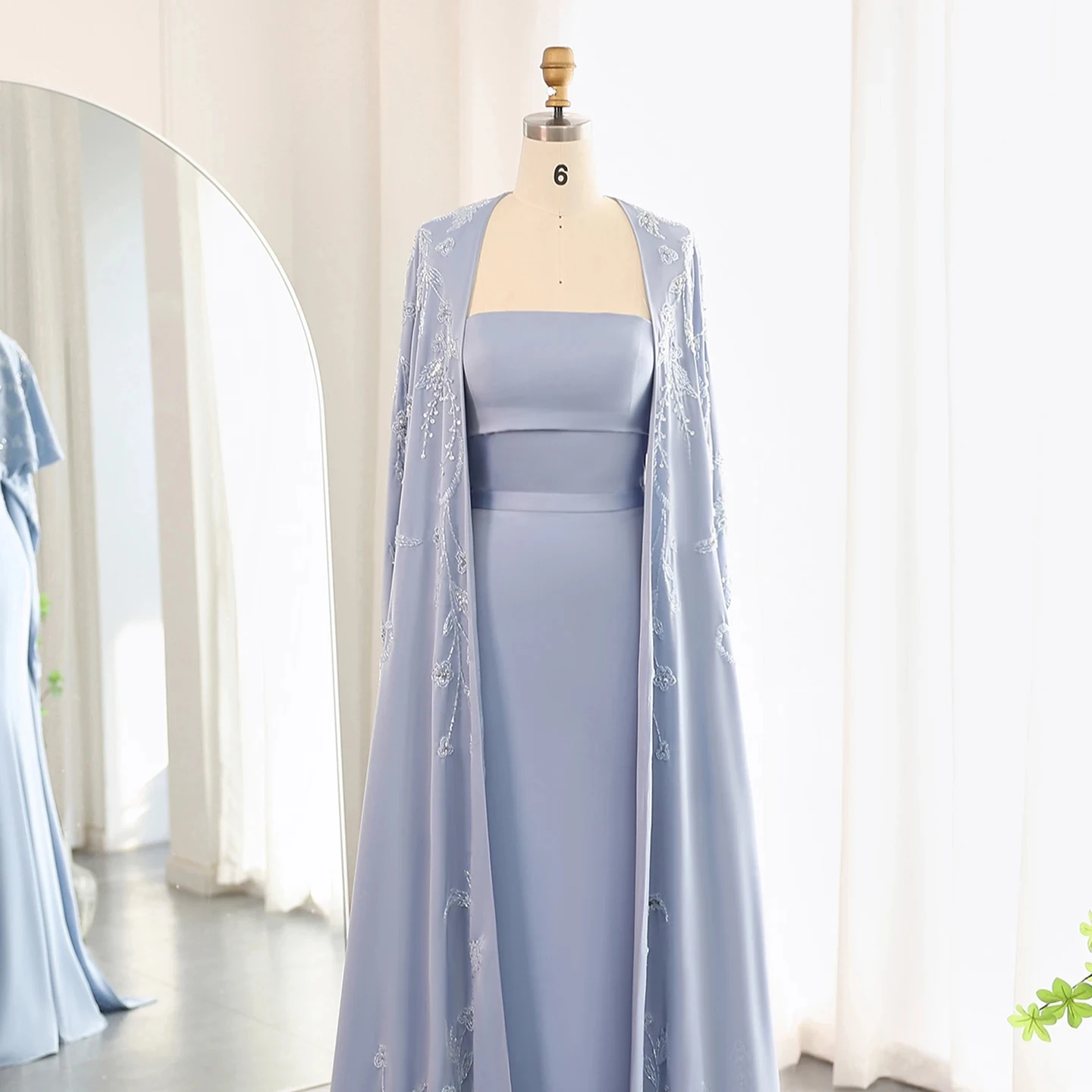 Jancember Arabic Blue Mermaid Evening Dress with Cape Sleeves 2024 Luxury Beaded Dubai Women Wedding Guest Party Gowns SZ407