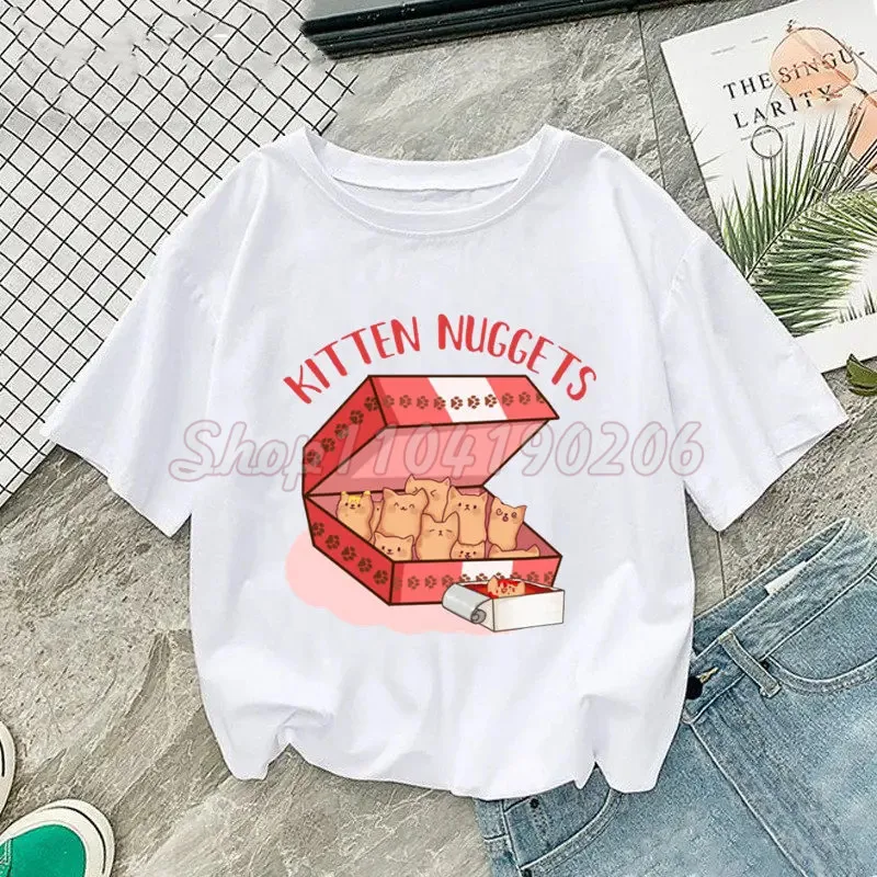 Short Sleeve T -Shirt Kitten Nuggets Print Women Summer Casual Harajuku Shirt Woman Y2k Cats Graphic Clothes Cartoon Tshirt