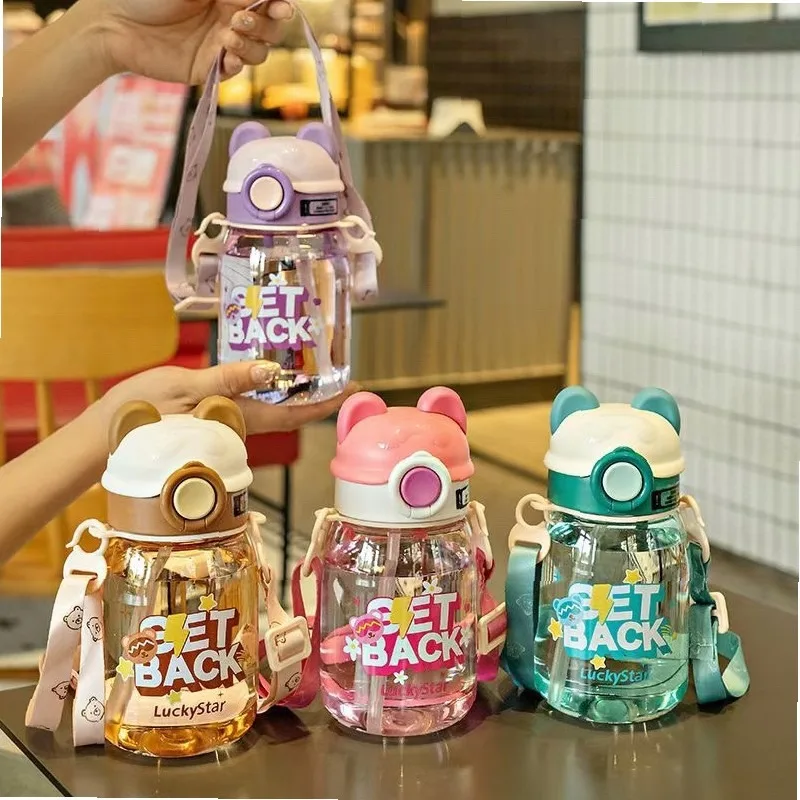 Cute Cartoon Kids Plastic Water Bottle with Straw, Kindergarten Baby Sipper Cup, Portable Leakproof Toddler outdoor Drinkware