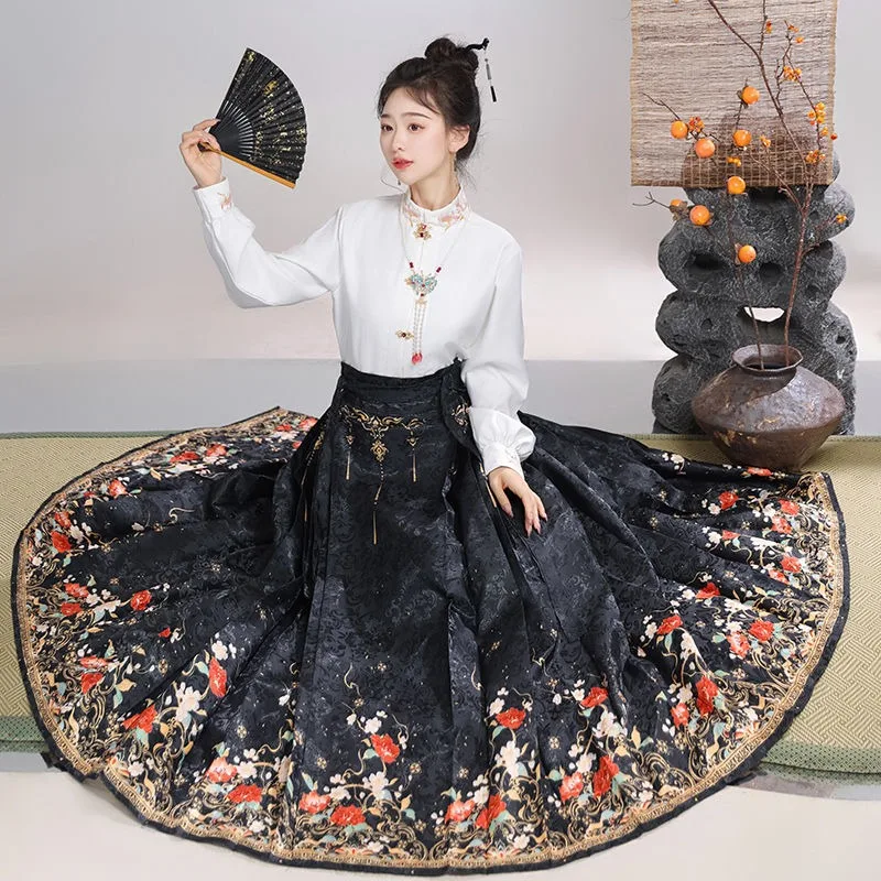 Chinese Style Traditional Pleated Skirt For Women Black Mamianqun Hanfu improved Hanfu casual solid color shirt set 2024 New