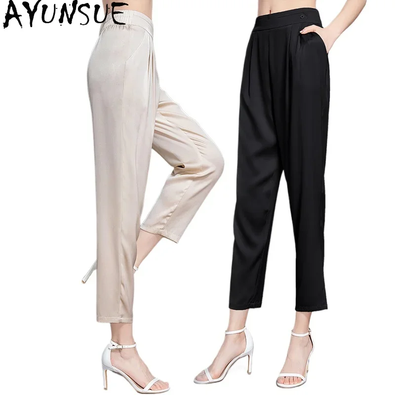 

AYUNSUE 95% Mulberry Silk Pants Women 2024 Office Wear Trousers Womens Fashion High Waisted Trouser Summer Clothes Pantalones